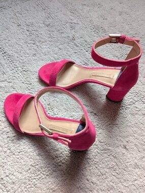 NWT Stuart Weitzman 75Less Nudist Suede Block-Heel Sandals in Flamingo (size: 6)